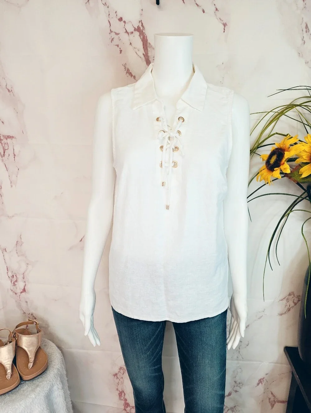 Michael Kors White Linen Blend Lace Up Sleeveless Top Medium